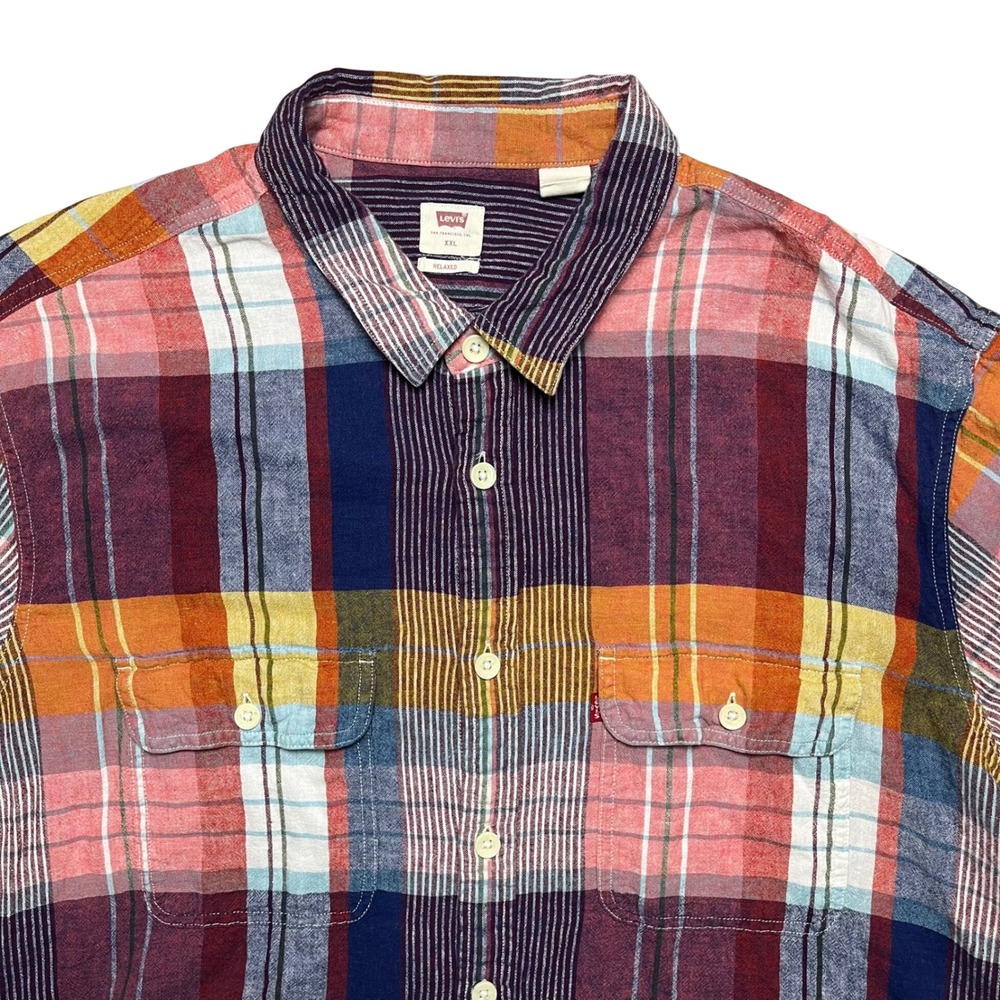 Levis Button Down Shirt Mens XXL Multicolor Plaid Linen Blend Short Sleeve